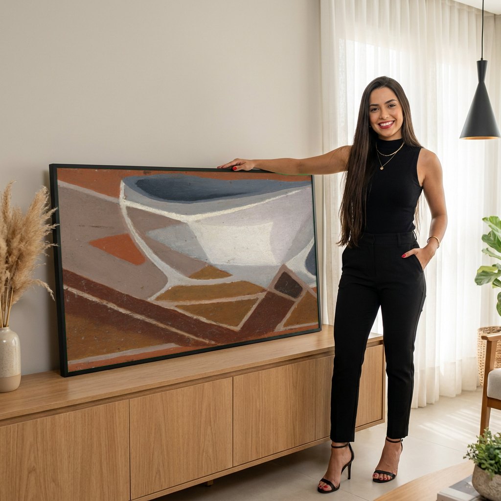Quadro Decorativo Natureza-Morta Cubista - Juan Gris | modelo apresentando o quadro emoldurado