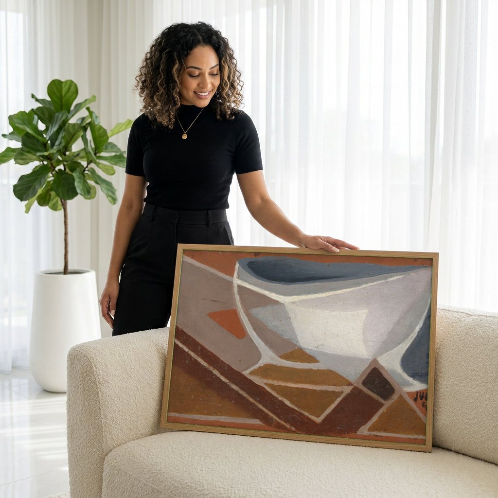 Quadro Decorativo Natureza-Morta Cubista - Juan Gris | modelo apresentando o quadro emoldurado