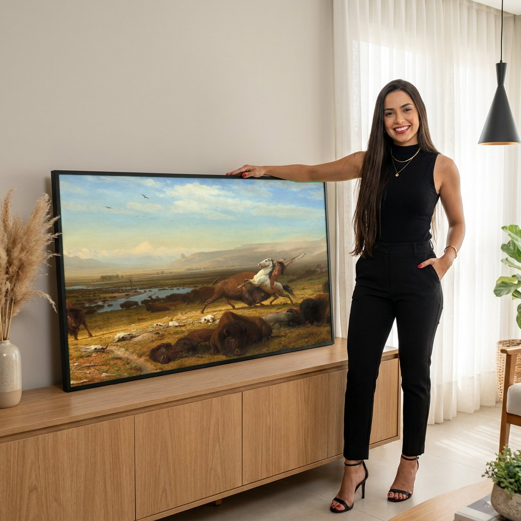 Quadro Decorativo A Última dos Búfalos - Albert Bierstadt | modelo apresentando o quadro emoldurado