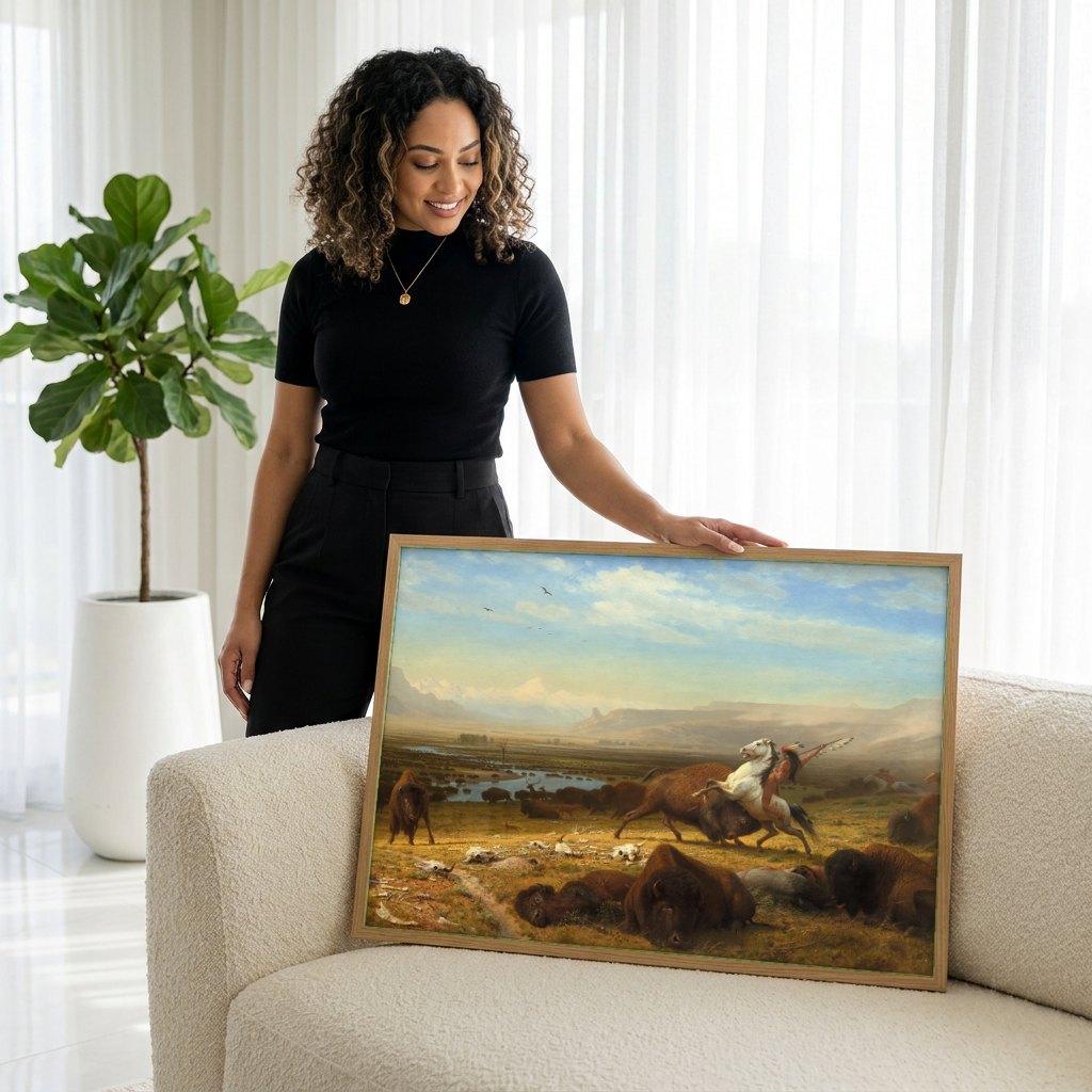 Quadro Decorativo A Última dos Búfalos - Albert Bierstadt | modelo apresentando o quadro emoldurado
