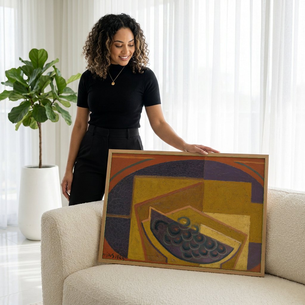 Quadro Decorativo Natureza-Morta Cubista - Juan Gris | modelo apresentando o quadro emoldurado