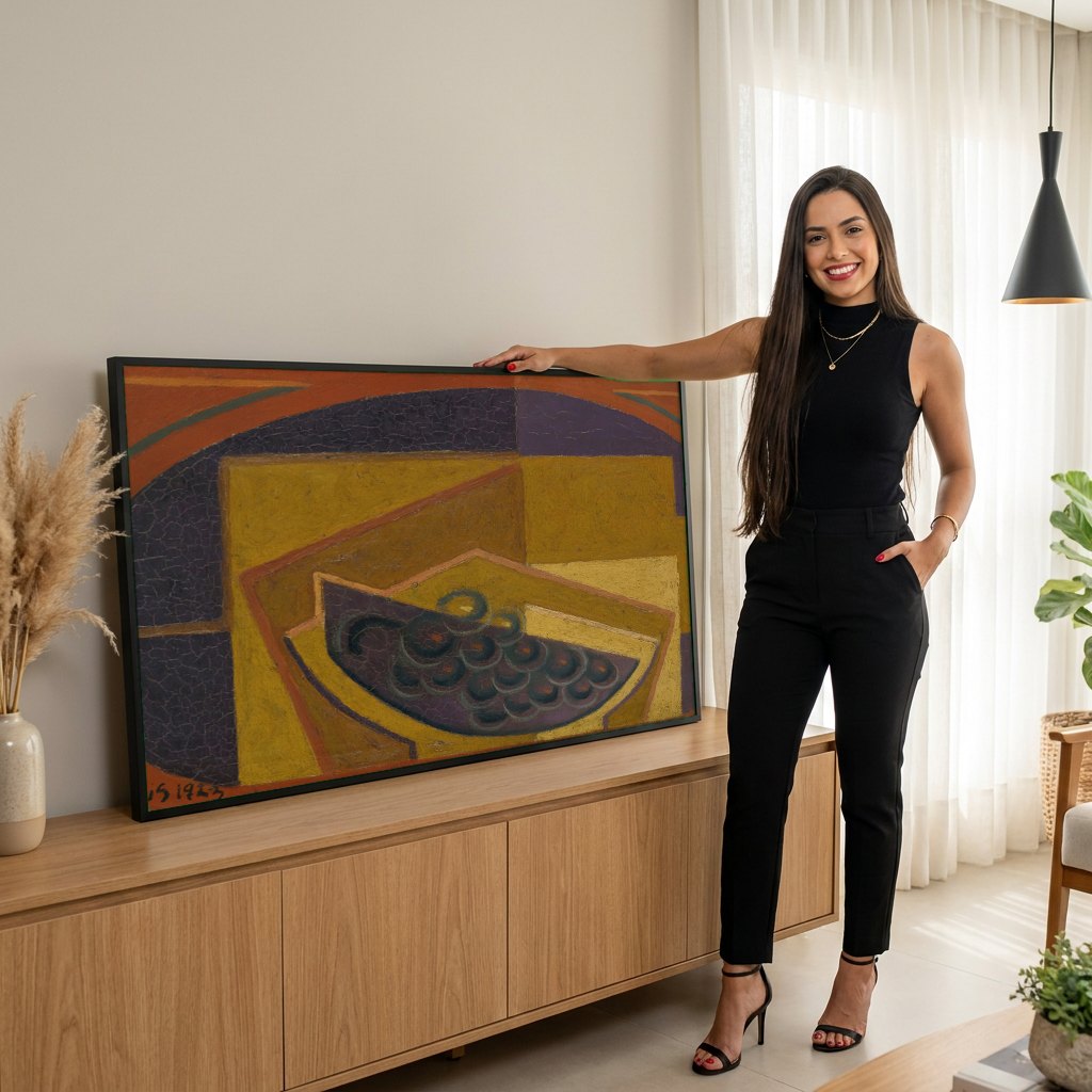 Quadro Decorativo Natureza-Morta Cubista - Juan Gris | modelo apresentando o quadro emoldurado