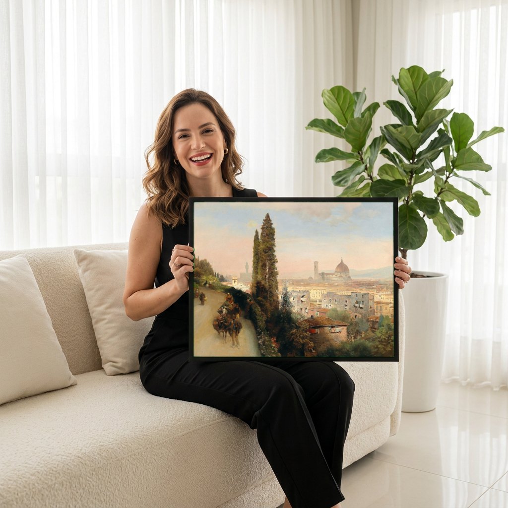 Quadro Decorativo Vista de Florença - Oswald Achenbach | modelo apresentando o quadro emoldurado
