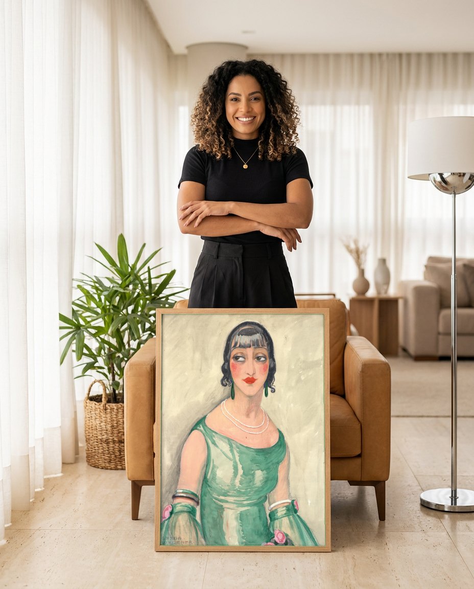 Quadro Decorativo A Dama de Verde - Gerda Wegener | modelo apresentando o quadro emoldurado