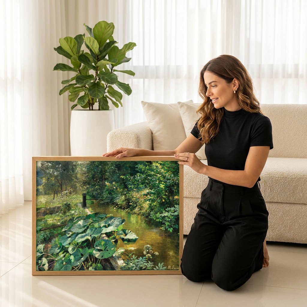 Quadro Decorativo Paisagem Verdejante - Marie Egner | modelo apresentando o quadro emoldurado