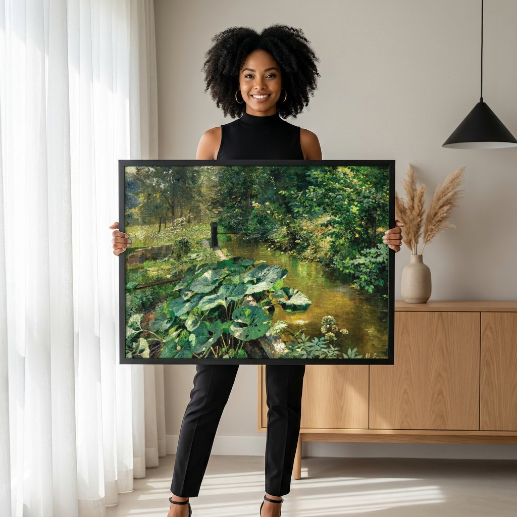 Quadro Decorativo Paisagem Verdejante - Marie Egner | modelo apresentando o quadro emoldurado