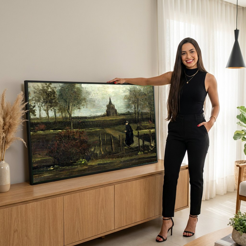 Quadro Decorativo A Velha Torre e a Casa de Campo - Van Gogh | modelo apresentando o quadro emoldurado