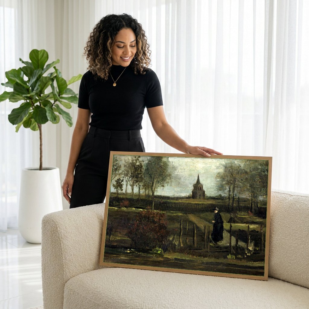 Quadro Decorativo A Velha Torre e a Casa de Campo - Van Gogh | modelo apresentando o quadro emoldurado