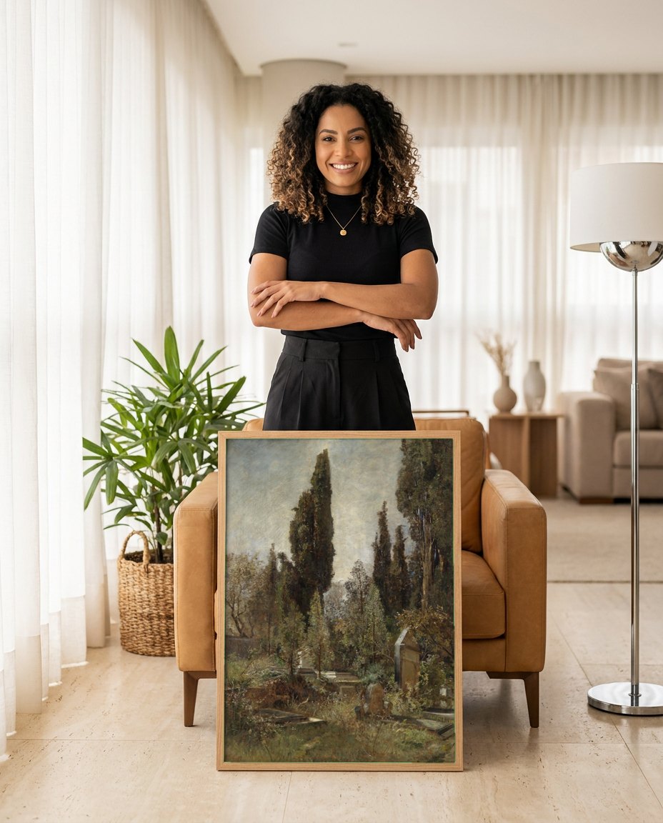 Quadro Decorativo 'Cemitério no Jardim' - Marie Egner | modelo apresentando o quadro emoldurado