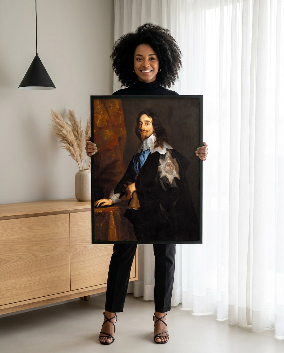 Quadro Decorativo Retrato de Carlos I - Van Dyck | modelo apresentando o quadro emoldurado