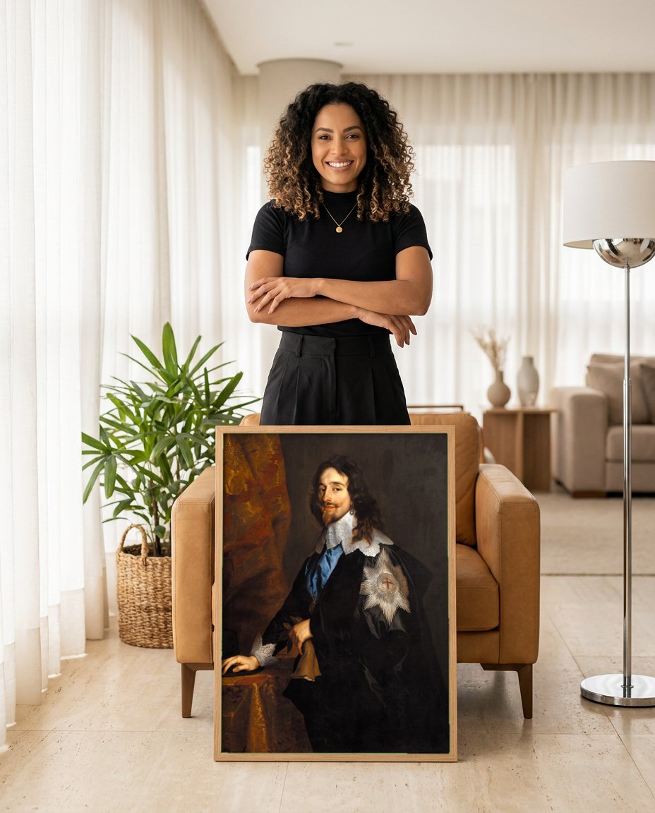 Quadro Decorativo Retrato de Carlos I - Van Dyck | modelo apresentando o quadro emoldurado