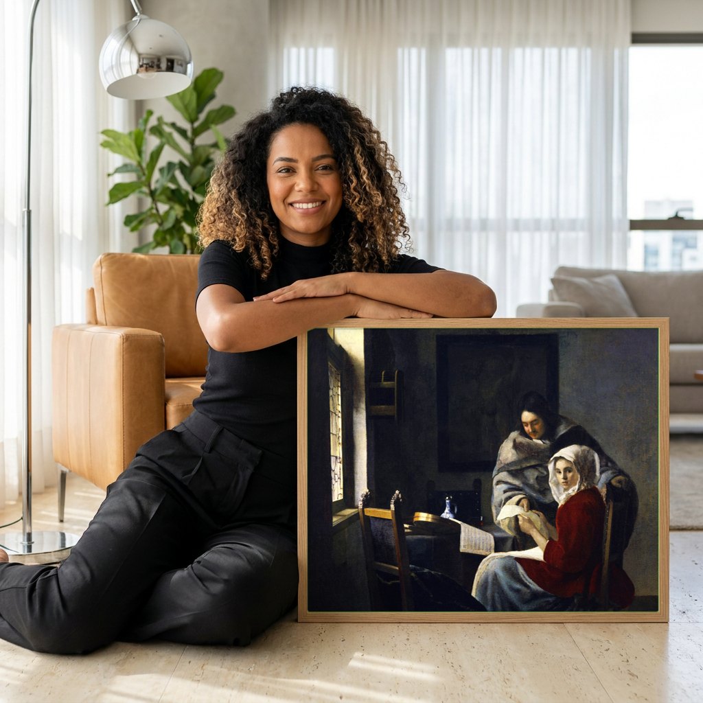 Quadro Decorativo A Lição de Música - Johannes Vermeer | modelo apresentando o quadro emoldurado