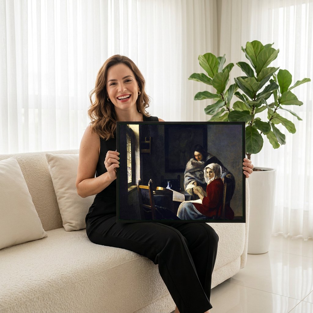 Quadro Decorativo A Lição de Música - Johannes Vermeer | modelo apresentando o quadro emoldurado