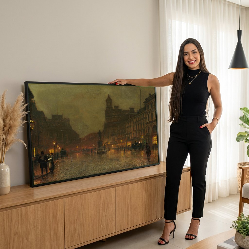 Quadro Decorativo Noite Londrina - Grimshaw | modelo apresentando o quadro emoldurado