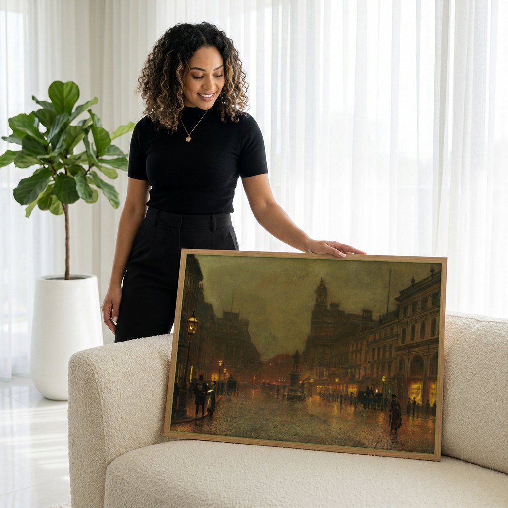 Quadro Decorativo Noite Londrina - Grimshaw | modelo apresentando o quadro emoldurado