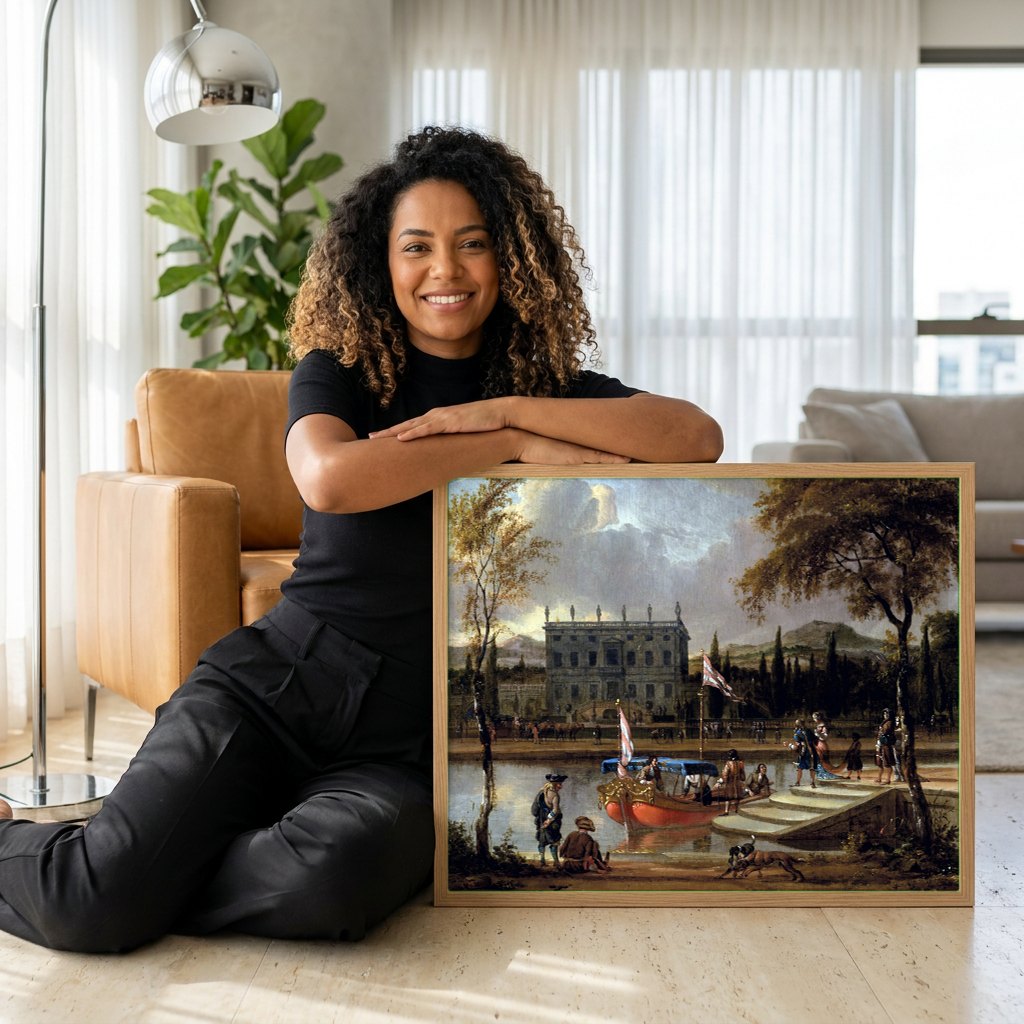 Quadro Decorativo Cena Festiva com Barca - Abraham Storck | modelo apresentando o quadro emoldurado