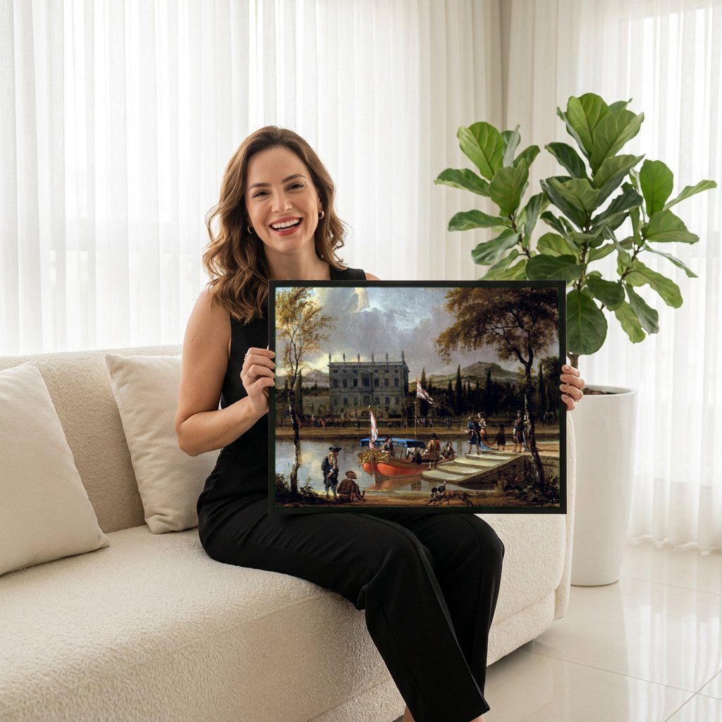 Quadro Decorativo Cena Festiva com Barca - Abraham Storck | modelo apresentando o quadro emoldurado