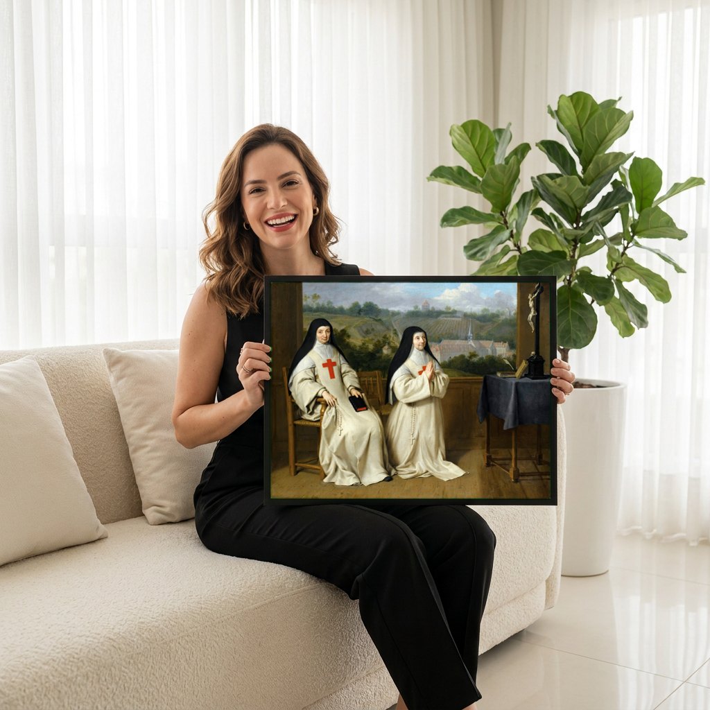 Quadro Decorativo Mães Catherine-Agnès Arnauld e Agnès Arnauld - Philippe de Champaigne | modelo apresentando o quadro emoldurado