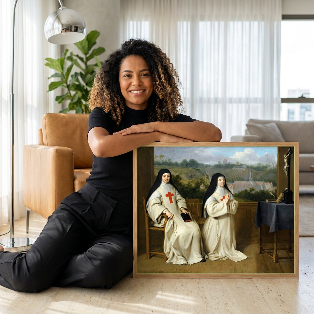 Quadro Decorativo Mães Catherine-Agnès Arnauld e Agnès Arnauld - Philippe de Champaigne | modelo apresentando o quadro emoldurado