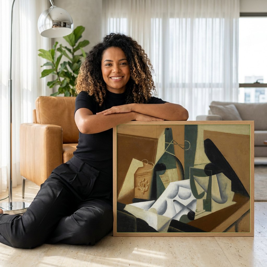 Quadro Decorativo Natureza-Morta Cubista - Juan Gris | modelo apresentando o quadro emoldurado