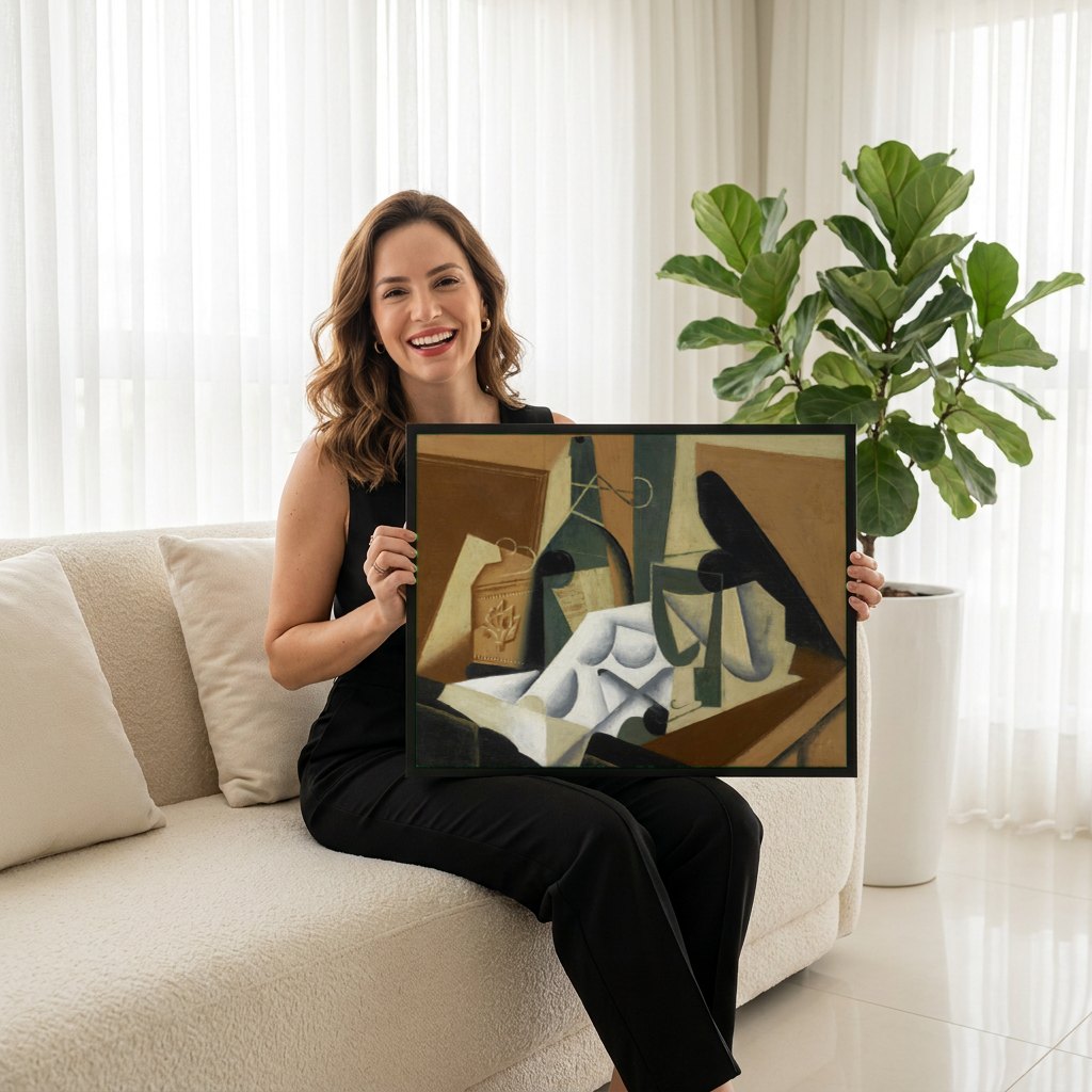 Quadro Decorativo Natureza-Morta Cubista - Juan Gris | modelo apresentando o quadro emoldurado