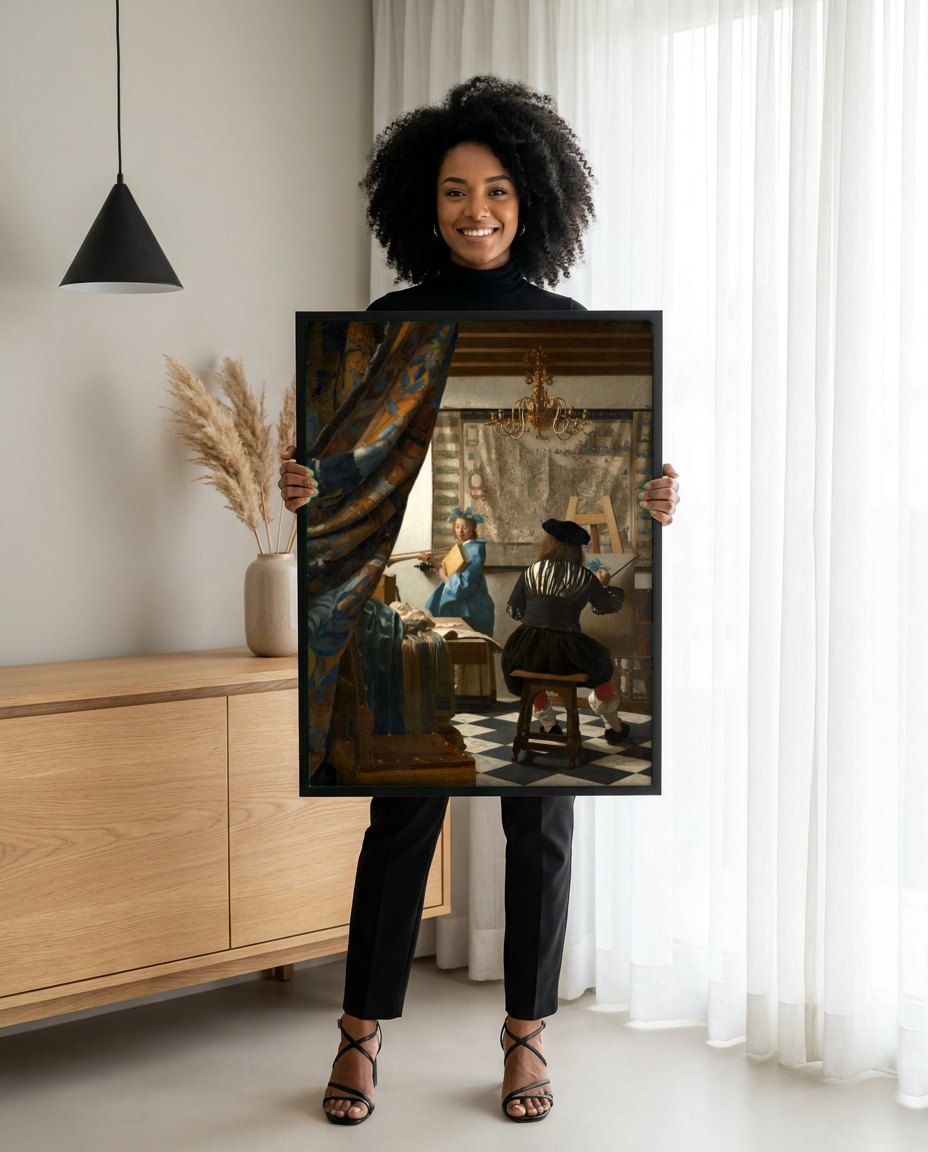 Quadro Decorativo A Arte da Pintura - Johannes Vermeer | modelo apresentando o quadro emoldurado