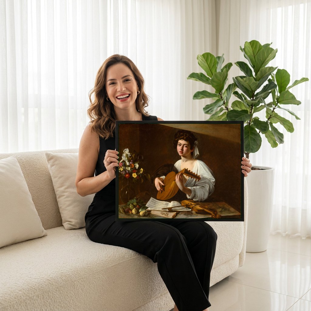 Quadro Decorativo O Tocador de Alaúde - Caravaggio | modelo apresentando o quadro emoldurado
