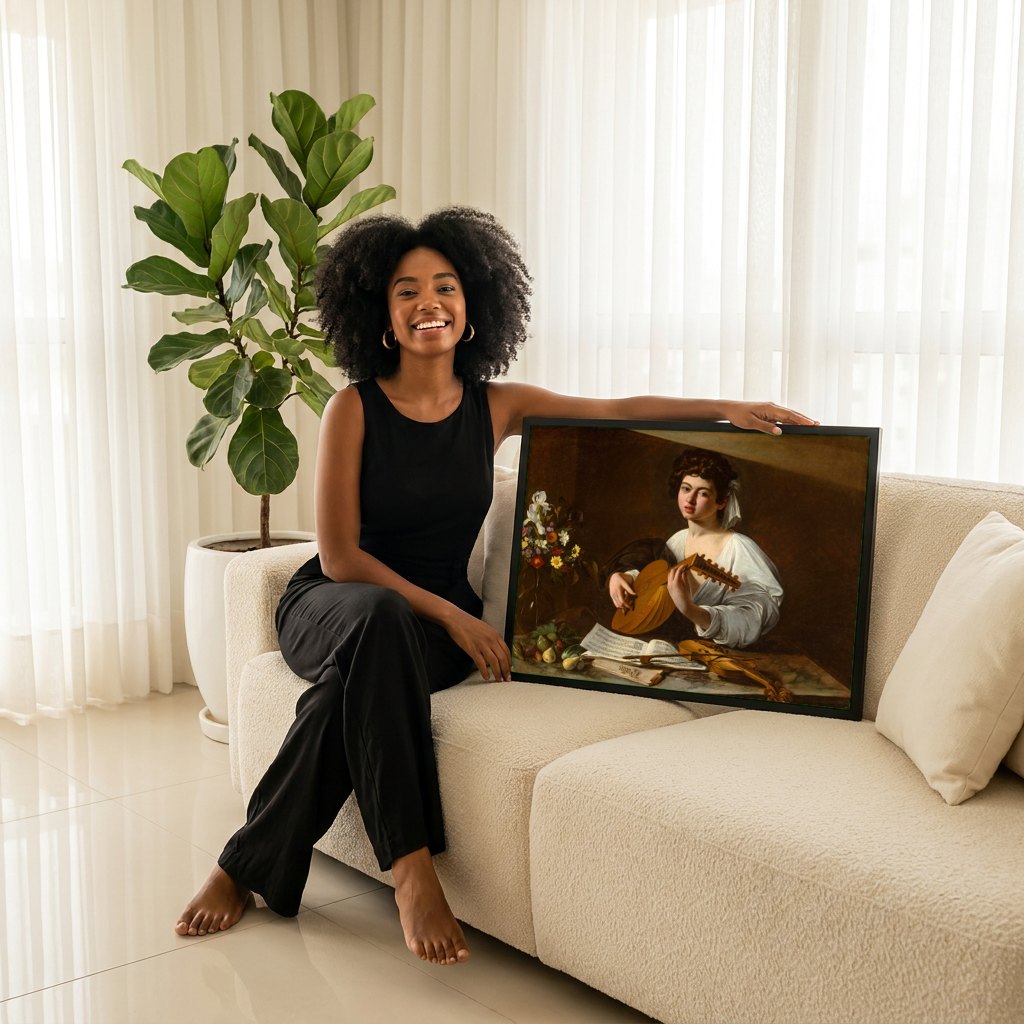 Quadro Decorativo O Tocador de Alaúde - Caravaggio | modelo apresentando o quadro emoldurado