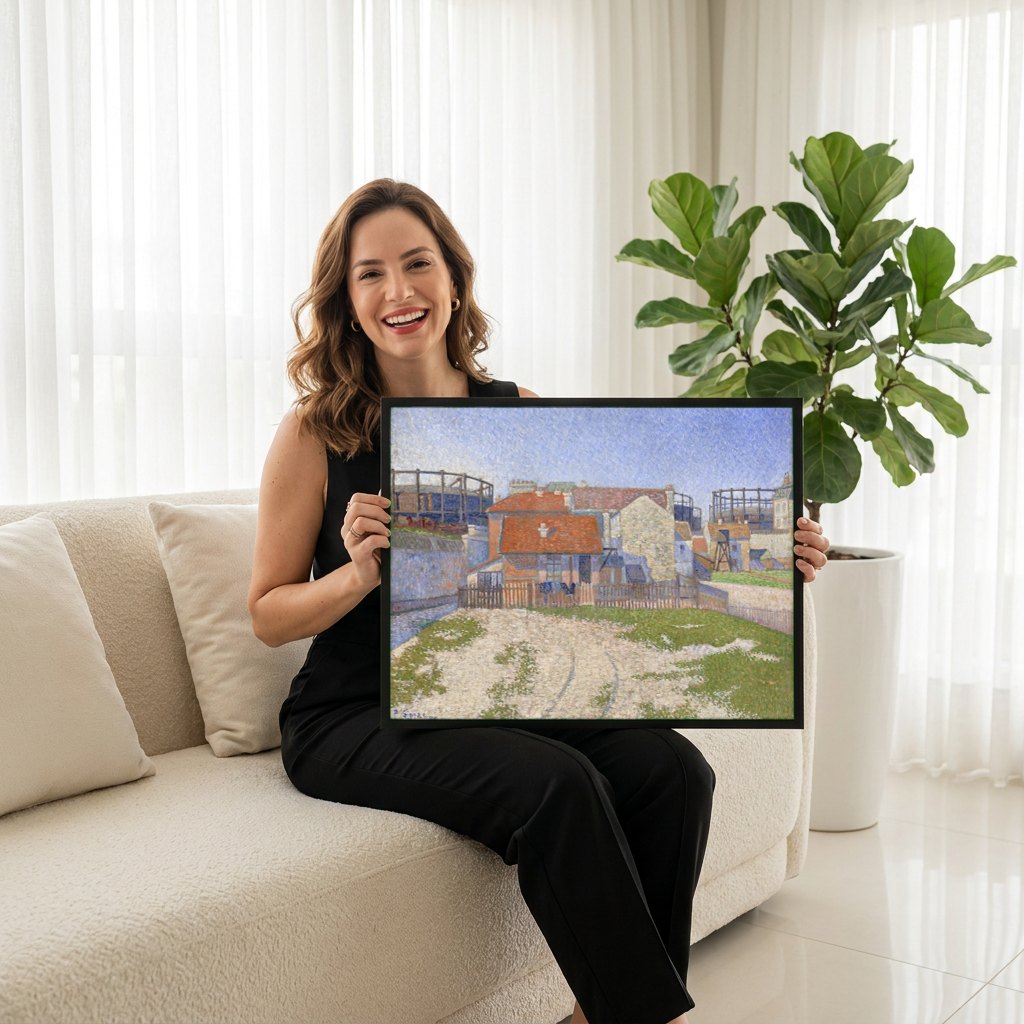 Quadro Decorativo 'As Gaseiras' - Paul Signac | modelo apresentando o quadro emoldurado