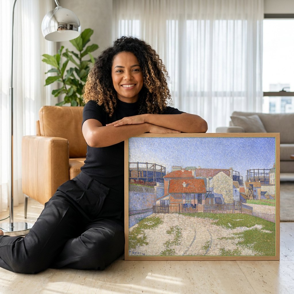 Quadro Decorativo 'As Gaseiras' - Paul Signac | modelo apresentando o quadro emoldurado