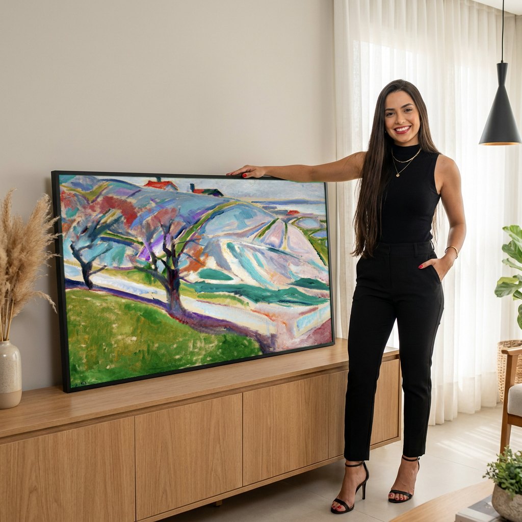 Quadro Decorativo Paisagem com Casas e Árvores - Edvard Munch | modelo apresentando o quadro emoldurado