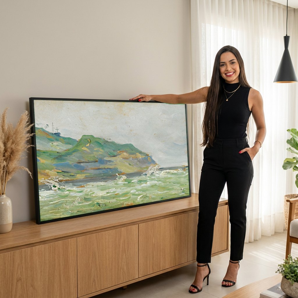 Quadro Decorativo Mar Revolto - Paul Signac | modelo apresentando o quadro emoldurado