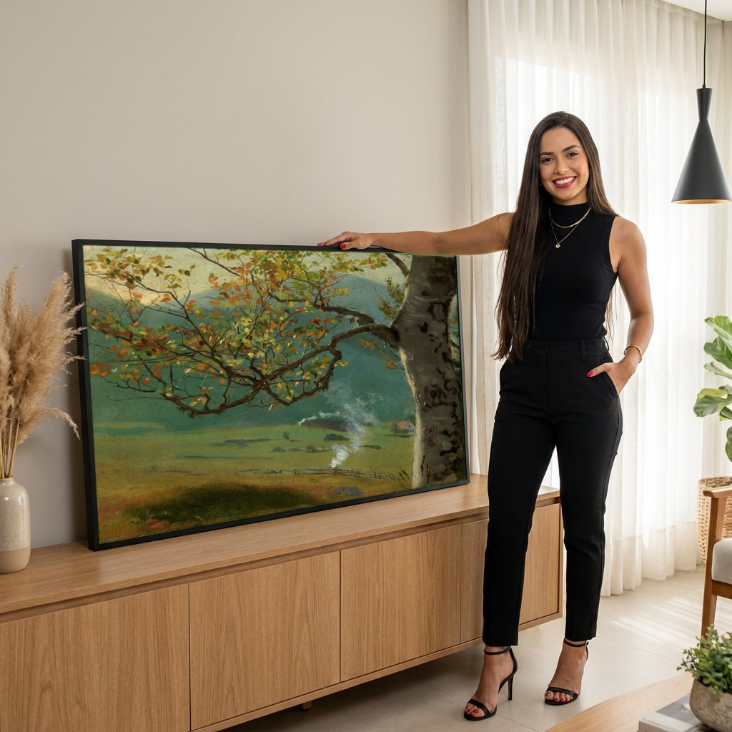 Quadro Decorativo Paisagem com Árvore - Hans Thoma | modelo apresentando o quadro emoldurado
