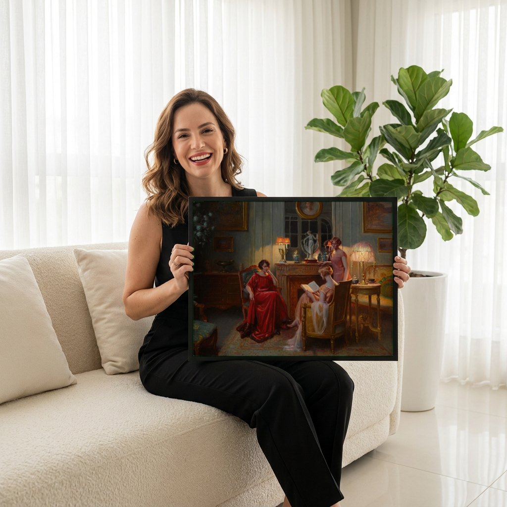 Quadro Decorativo A Leitura e a Conversa - Delphin Enjolras | modelo apresentando o quadro emoldurado
