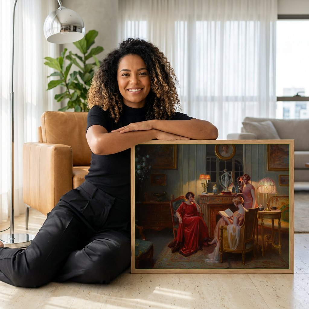 Quadro Decorativo A Leitura e a Conversa - Delphin Enjolras | modelo apresentando o quadro emoldurado