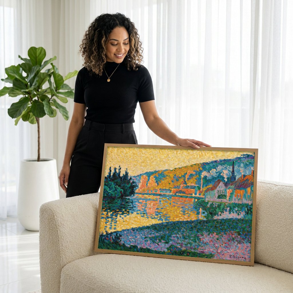 Quadro Decorativo Rio e Casas à Beira-mar - Paul Signac | modelo apresentando o quadro emoldurado