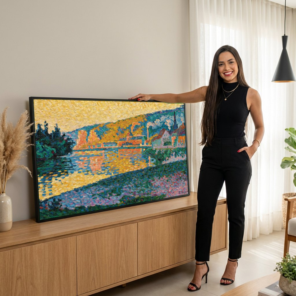 Quadro Decorativo Rio e Casas à Beira-mar - Paul Signac | modelo apresentando o quadro emoldurado