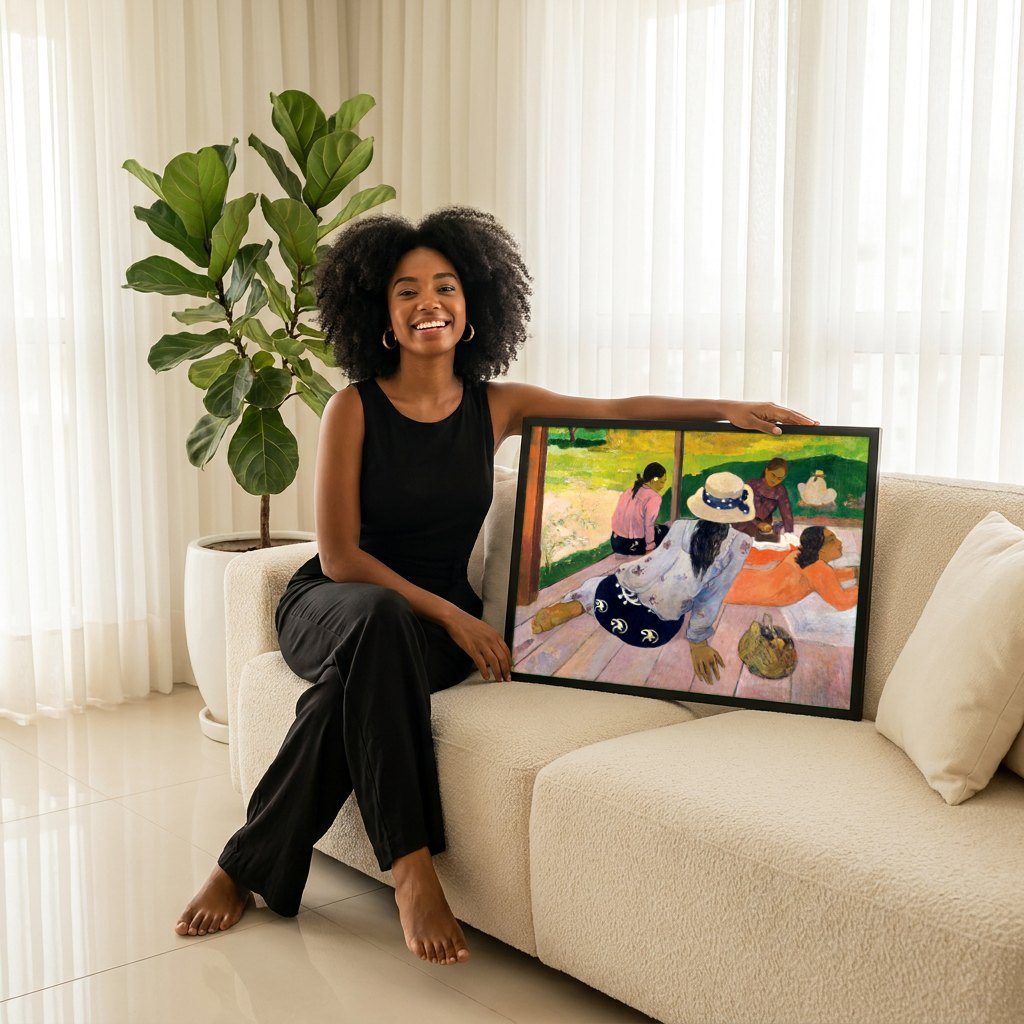 Quadro Decorativo Mulheres na Varanda - Gauguin | modelo apresentando o quadro emoldurado