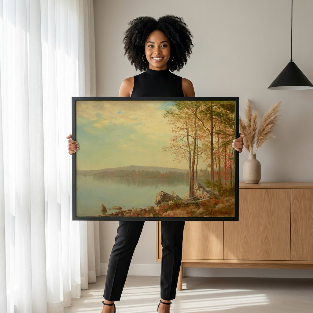 Quadro Decorativo Paisagem Outonal ao Lago - Albert Bierstadt | modelo apresentando o quadro emoldurado