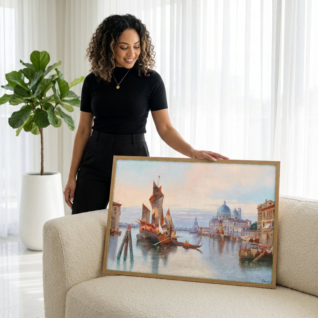 Quadro Decorativo Canal Grande em Veneza - Karl Kaufmann | modelo apresentando o quadro emoldurado