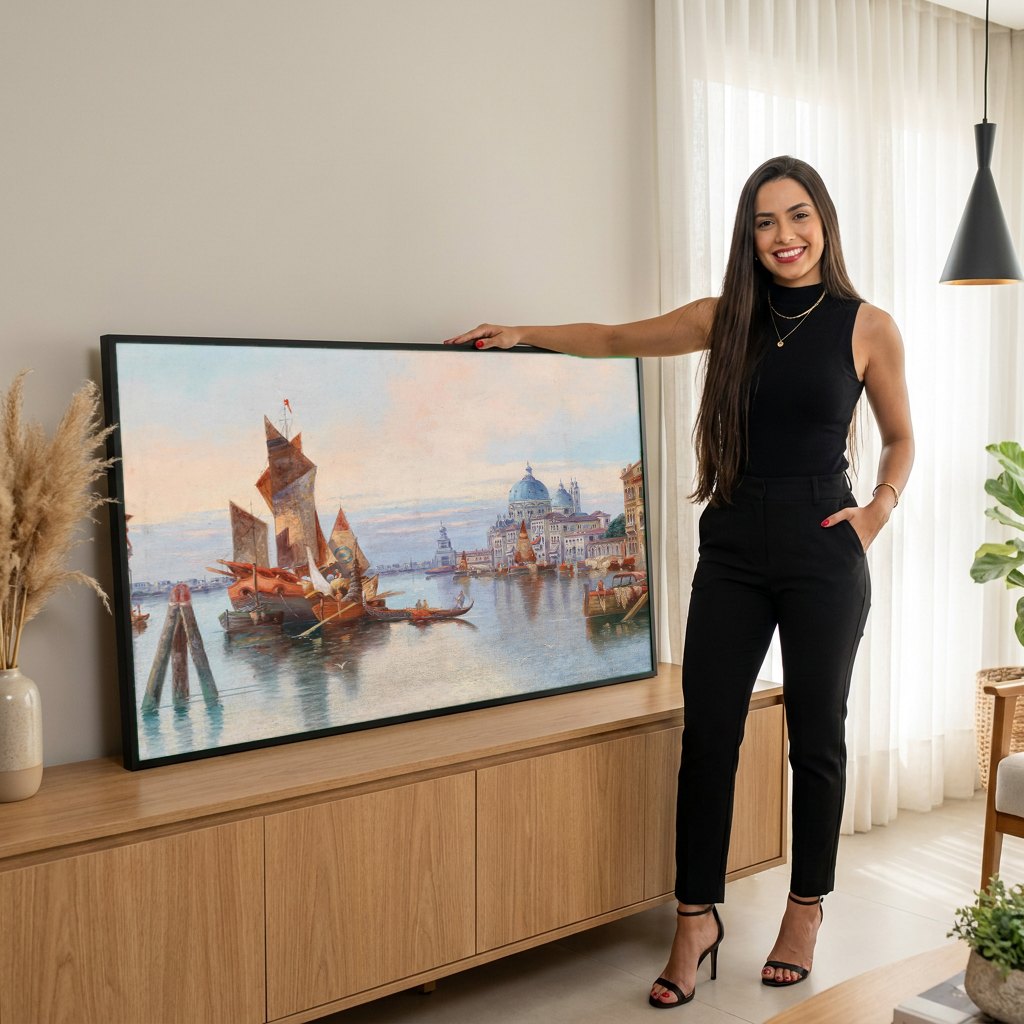 Quadro Decorativo Canal Grande em Veneza - Karl Kaufmann | modelo apresentando o quadro emoldurado