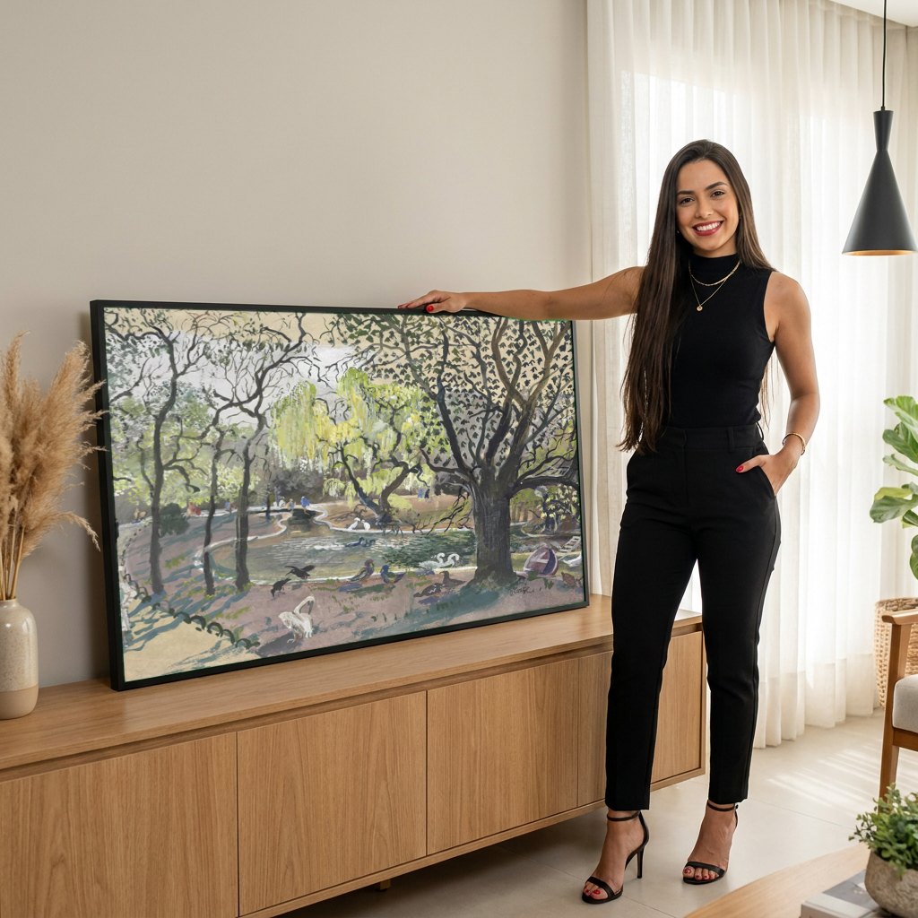 Quadro Decorativo Parque com Cisnes - Oskar Laske | modelo apresentando o quadro emoldurado