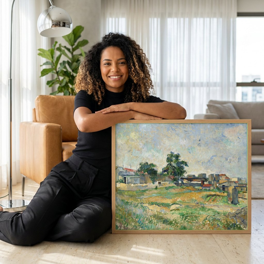Quadro Decorativo Paisagem com Casas e Árvores - Cézanne | modelo apresentando o quadro emoldurado