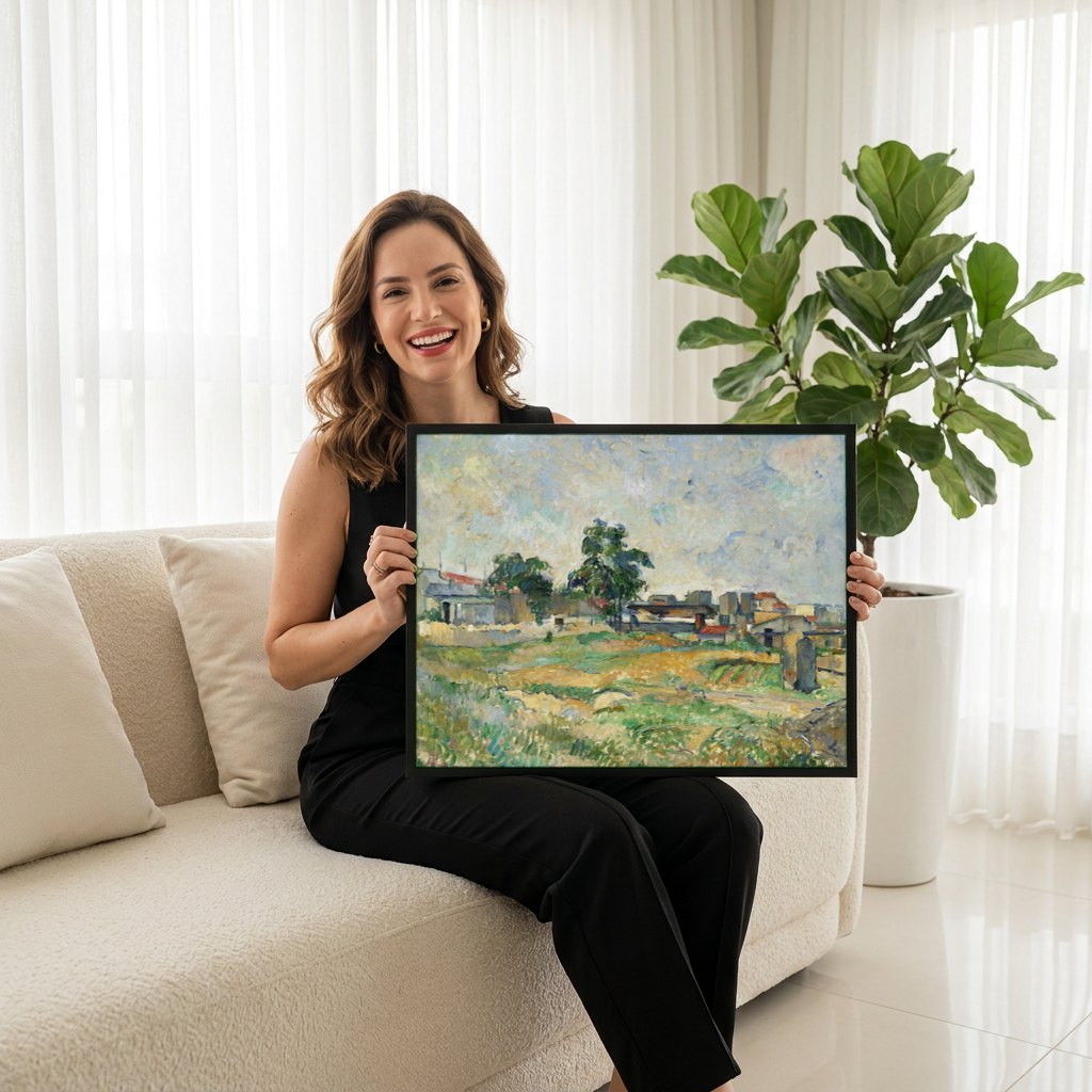Quadro Decorativo Paisagem com Casas e Árvores - Cézanne | modelo apresentando o quadro emoldurado