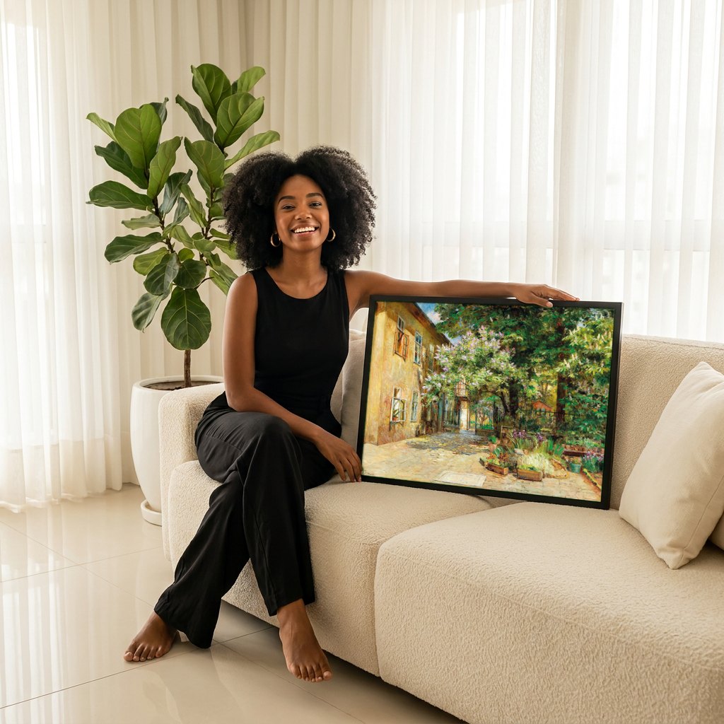 Quadro Decorativo Pátio Florido e Ensolarado - Marie Egner | modelo apresentando o quadro emoldurado