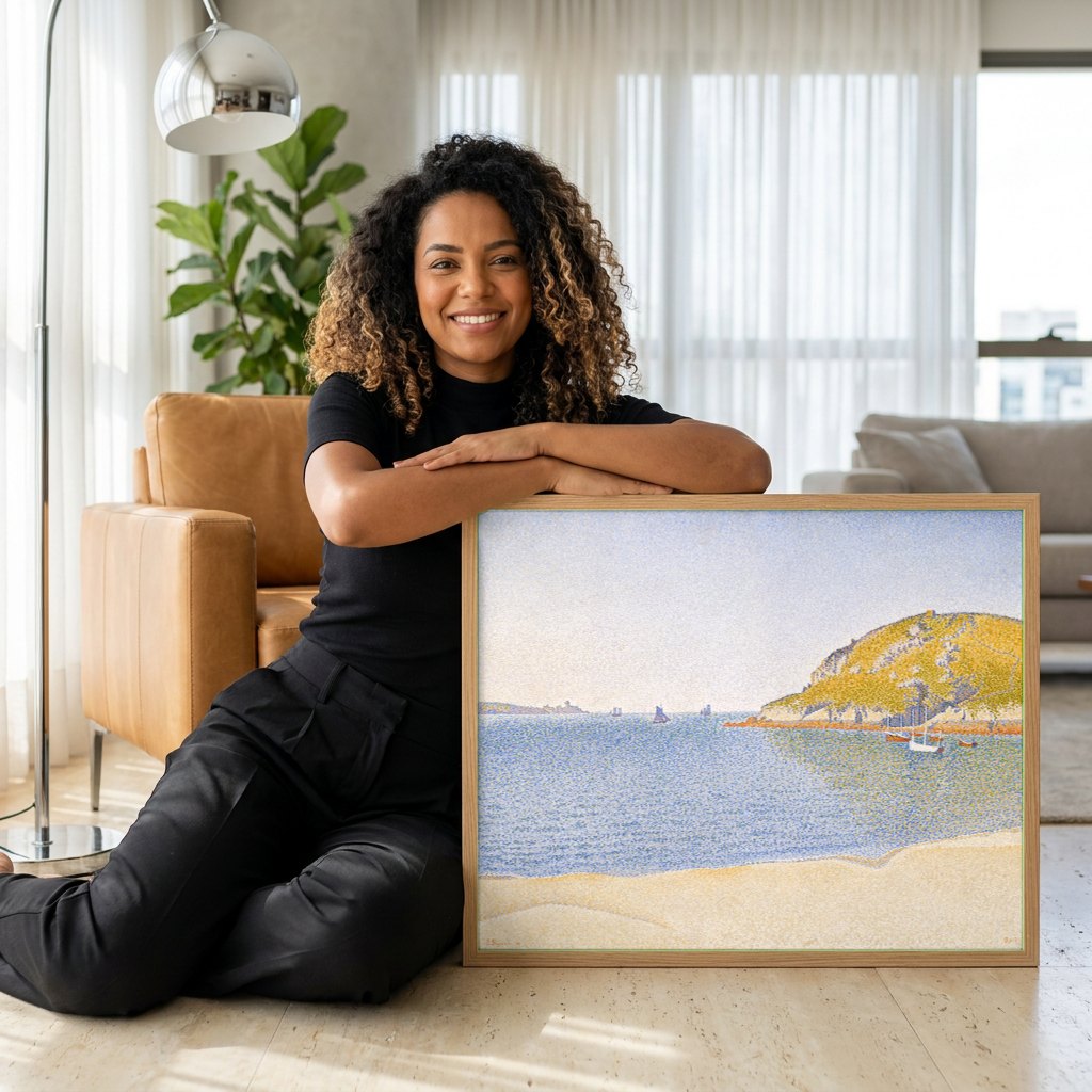 Quadro Decorativo Porto de Saint-Cast – Paul Signac | modelo apresentando o quadro emoldurado