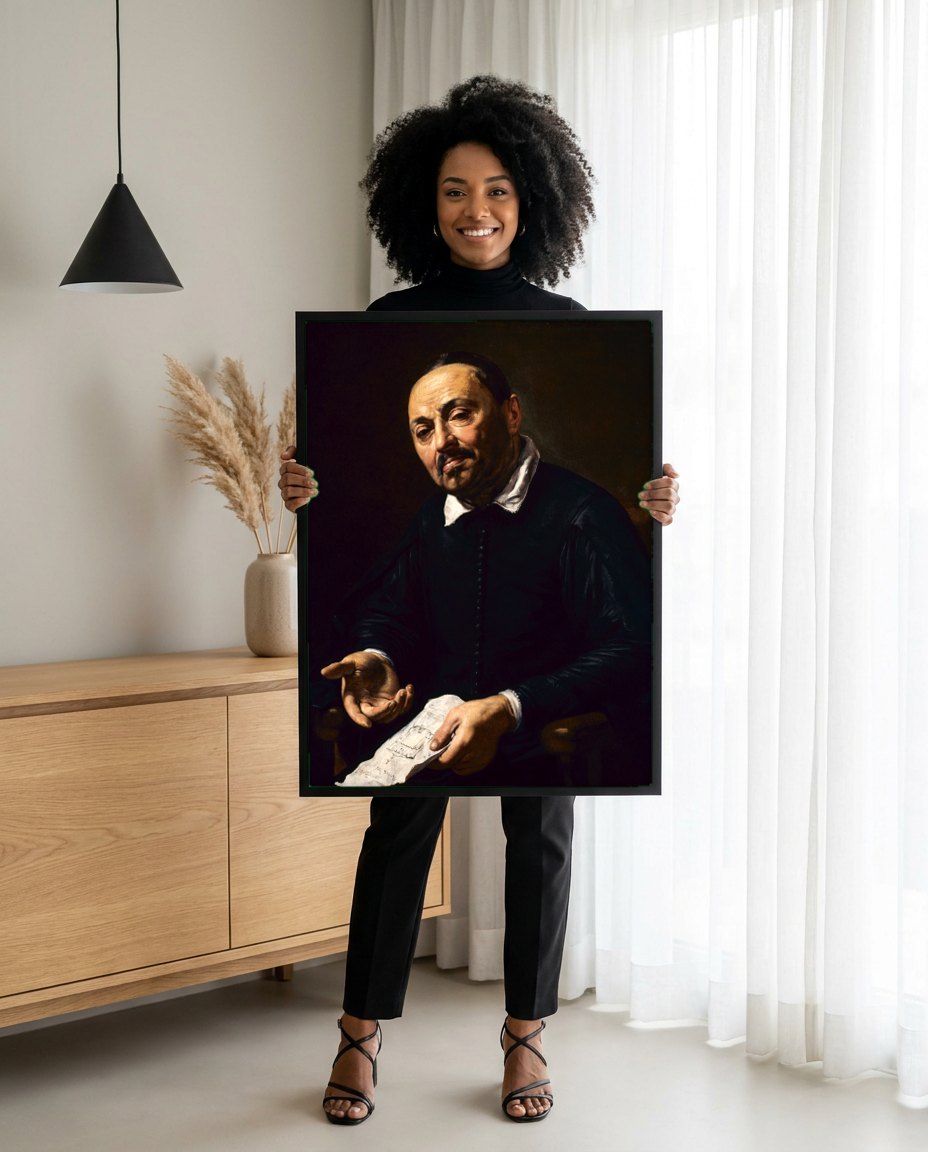 Quadro Decorativo Retrato de um Homem - Valentin de Boulogne | modelo apresentando o quadro emoldurado