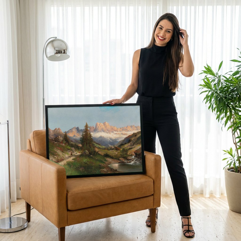 Quadro Decorativo Paisagem Alpina com Caminhantes - Karl Kaufmann | modelo apresentando o quadro emoldurado