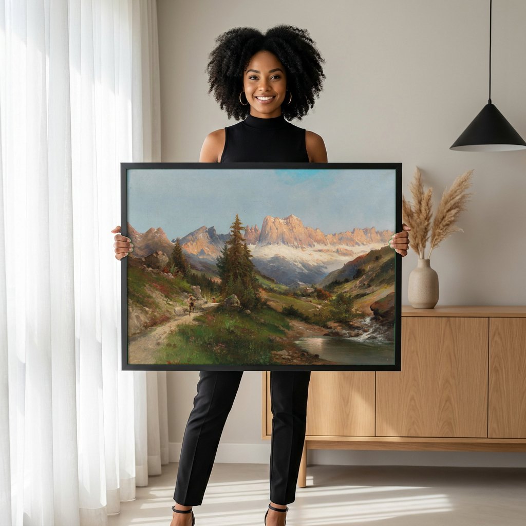 Quadro Decorativo Paisagem Alpina com Caminhantes - Karl Kaufmann | modelo apresentando o quadro emoldurado