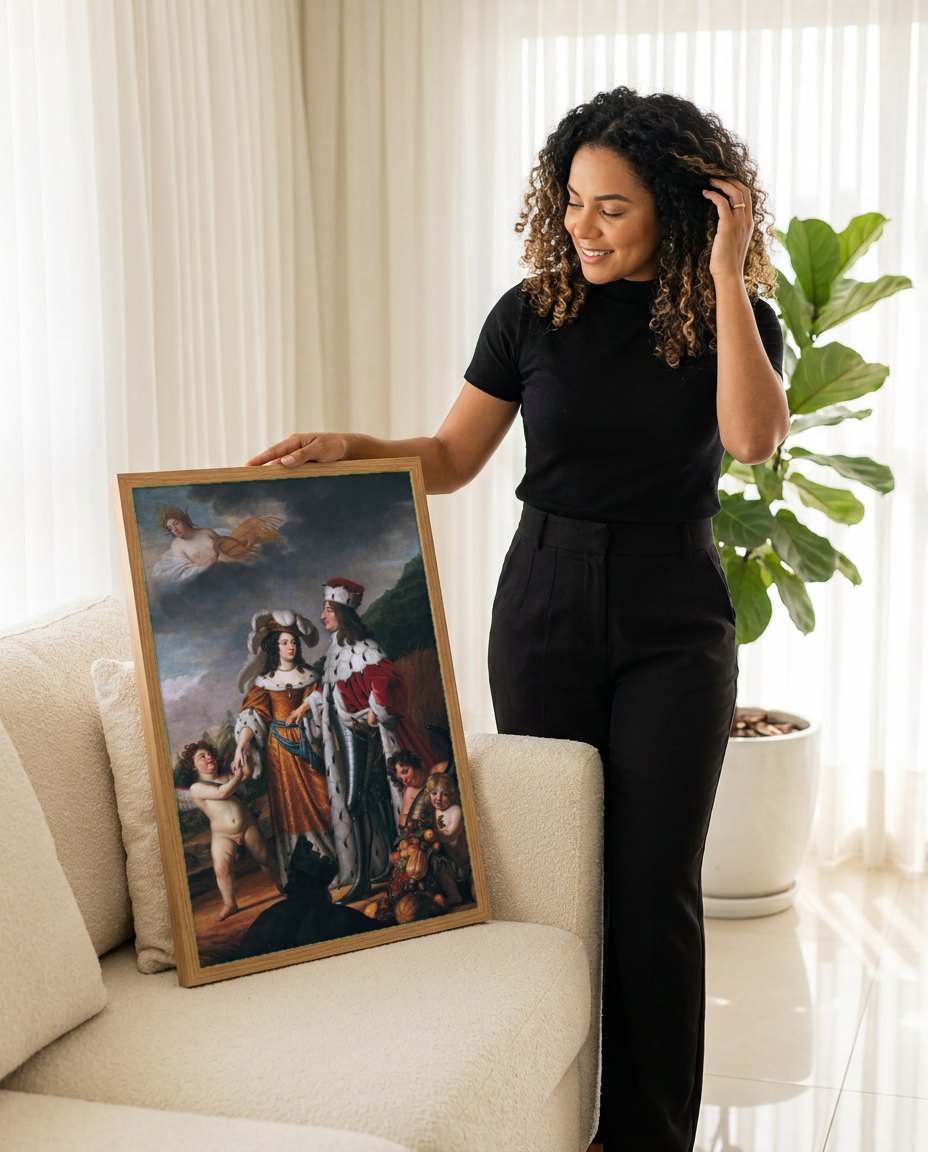 Quadro Decorativo Alegoria Conjugal - Gerard van Honthorst | modelo apresentando o quadro emoldurado